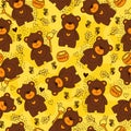 Yellow seamless pattern with cute bears, bee, flowers and honey. Royalty Free Stock Photo